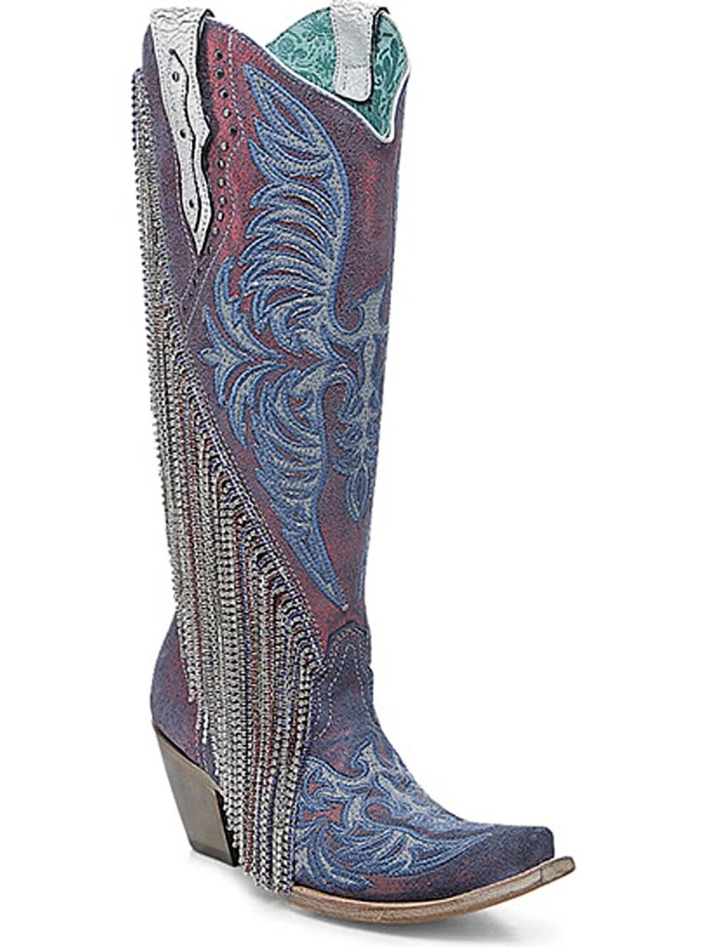 CORRAL BOOTS Embroidery And Studs Chameleon Effect Tall Western Boots - Snip Toe - Picture 4 of 9